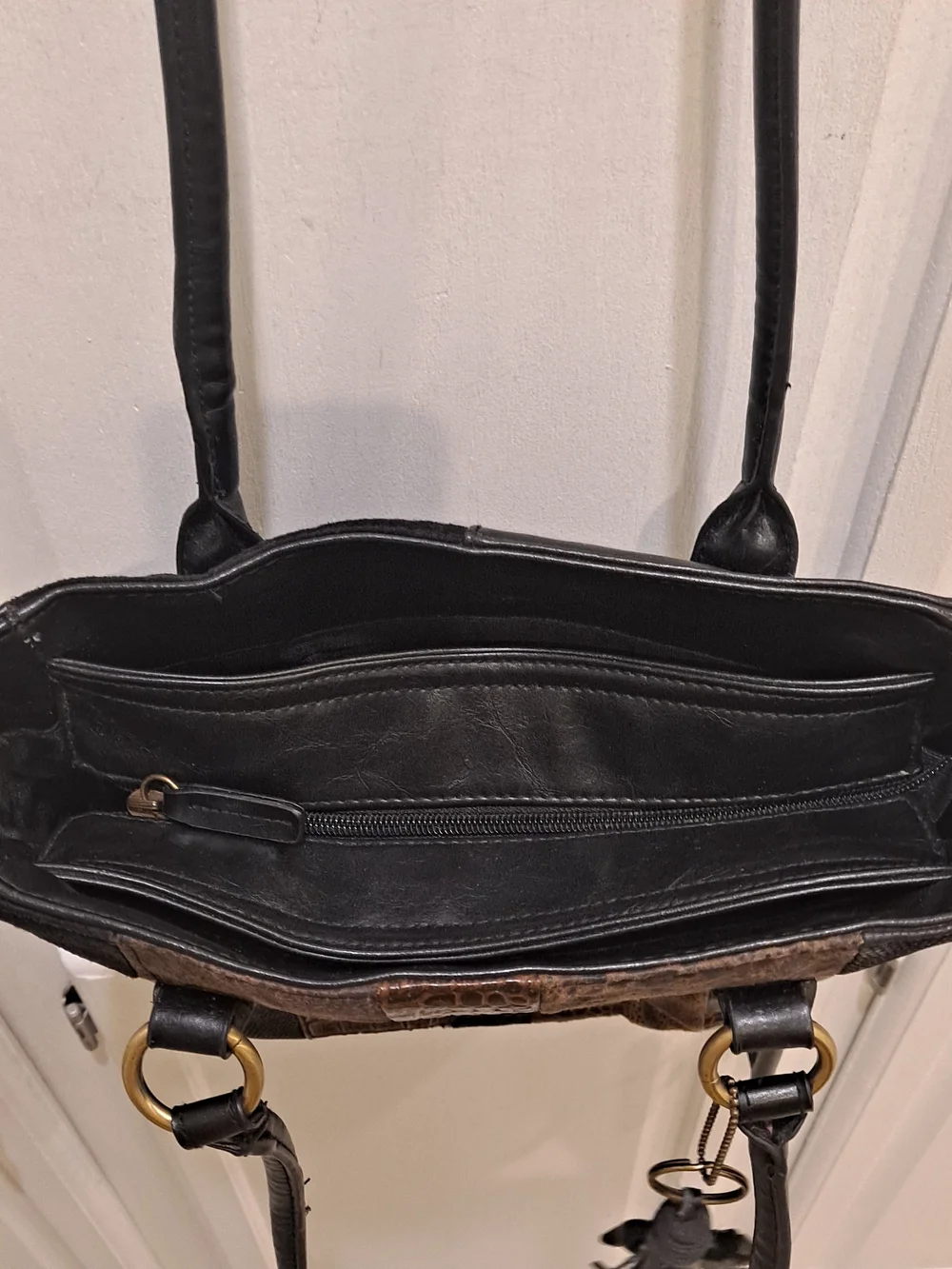 Bueno Collection Vintage Patchwork Mixed Leather Shoulder Bag Brown Black Animal